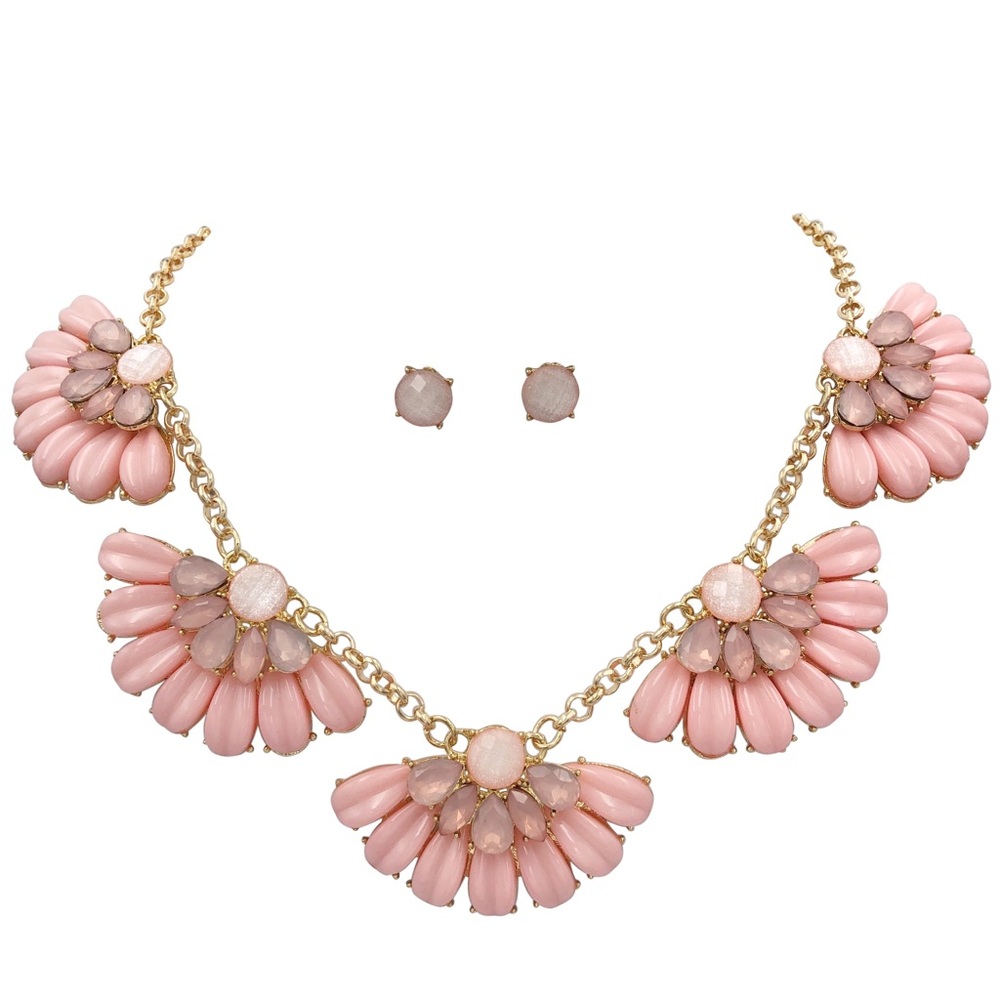 Pink Flower Fan Chunky Statement Necklace Set